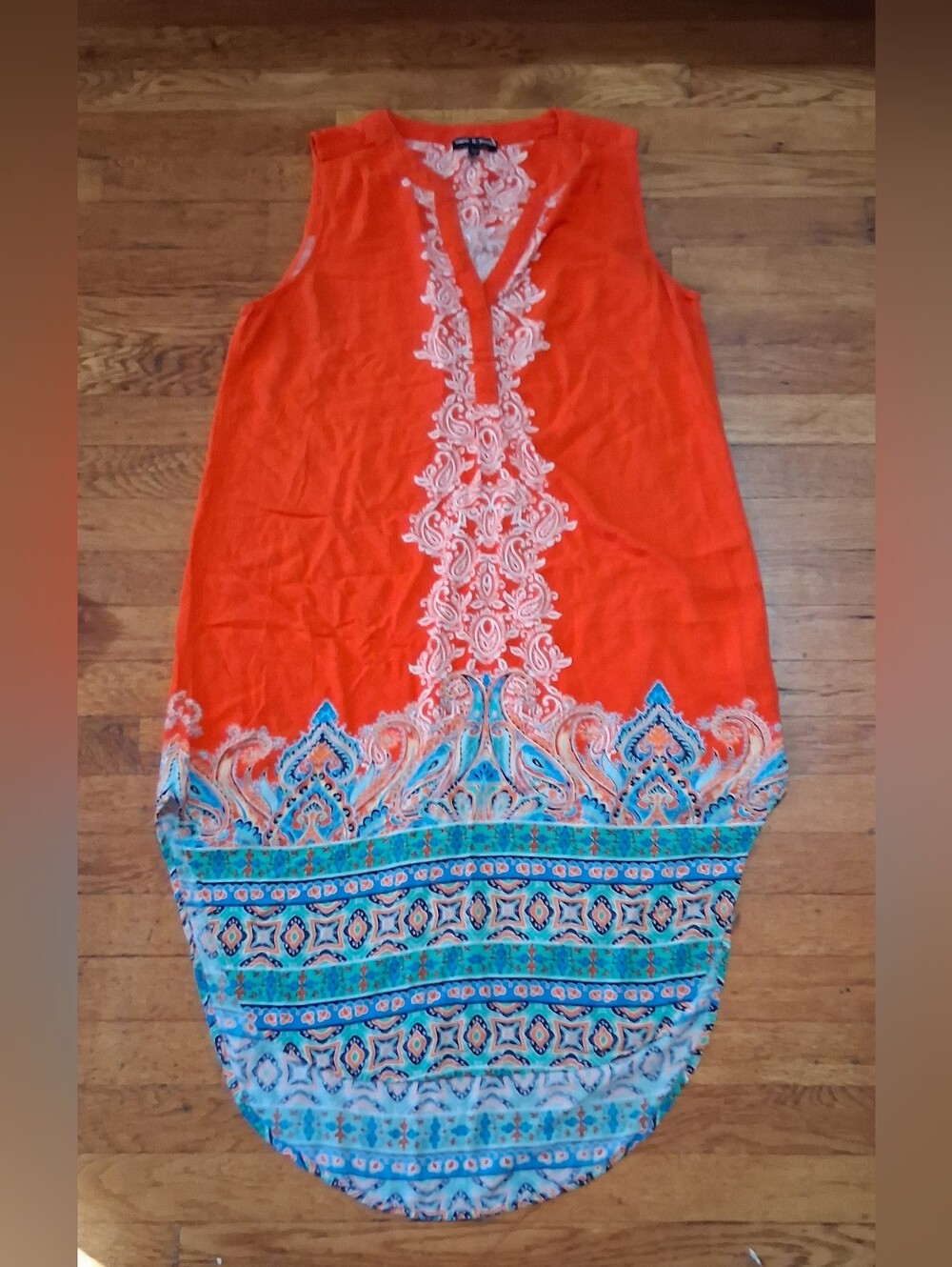 Cable & Gauge Red Dress with White Paisley and Blue Trim